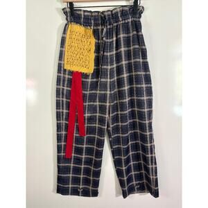 Kantita Wide Leg Elastic Waist Flowy Plaid Blue-Grey Pants Button detail Size S